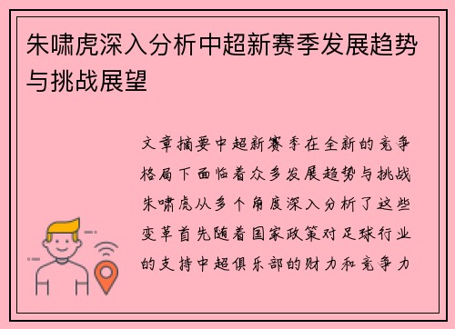 朱啸虎深入分析中超新赛季发展趋势与挑战展望